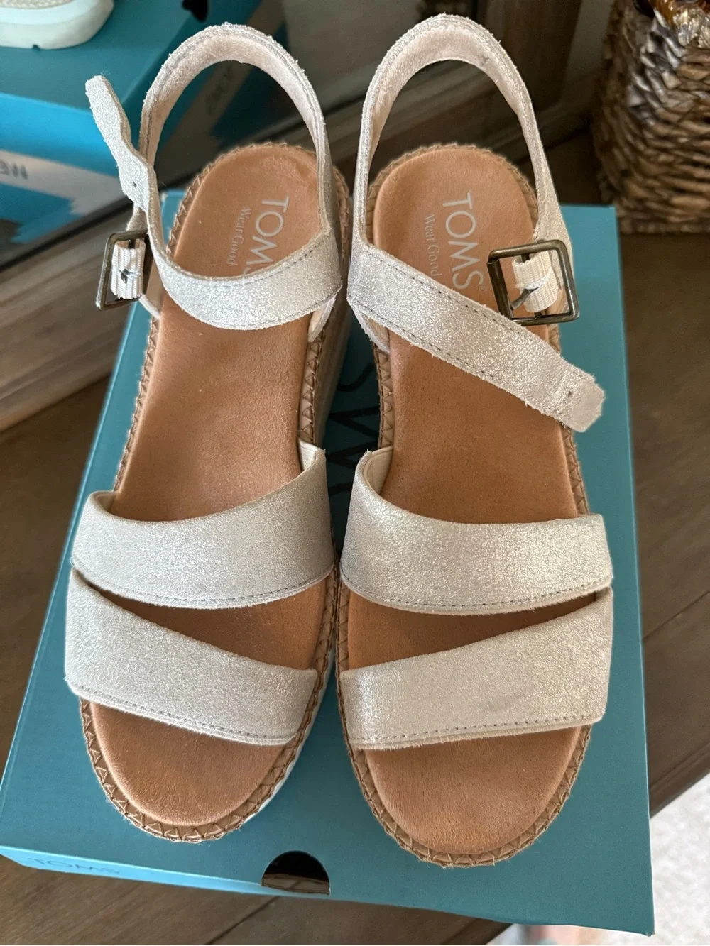 TOMS Champagne Metallic Suede “Darya” Sandals (8.5)